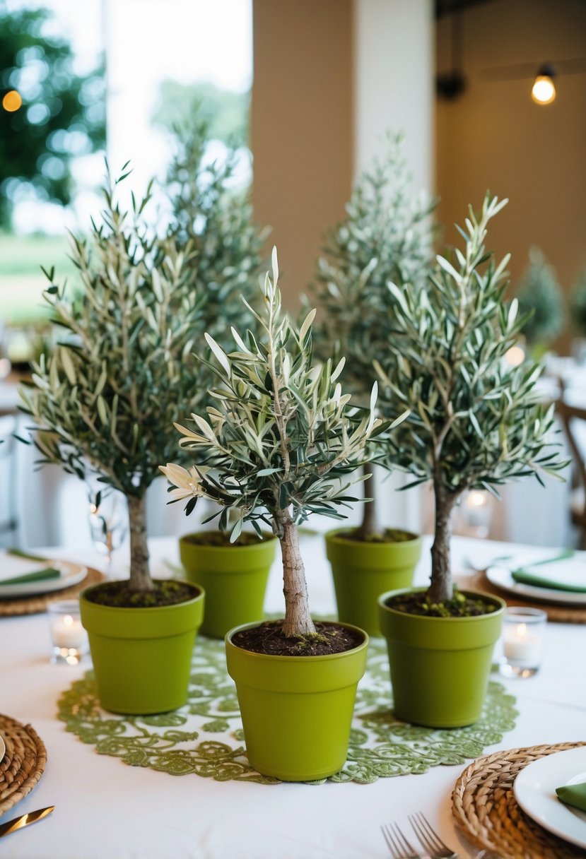 Small potted olive trees arranged as table decor for a wedding, with olive green accents