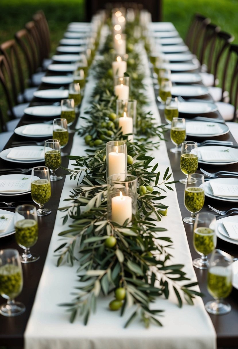 Olive branch garlands adorn a long wedding table, creating a lush and elegant olive green decoration theme