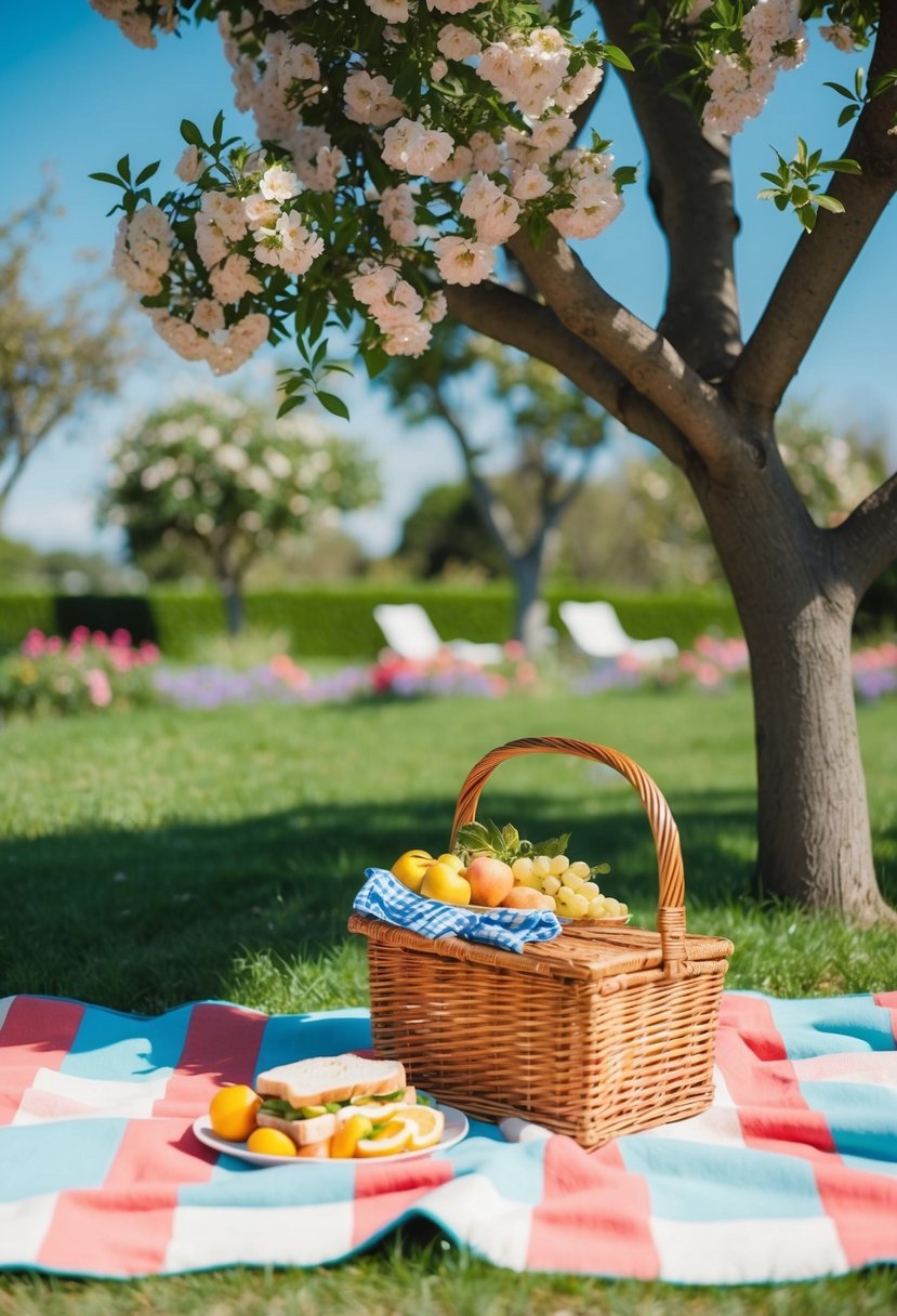 A picnic blanket spread out under a shady tree, surrounded by blooming flowers and a clear blue sky. A wicker basket filled with fresh fruit and sandwiches sits in the center