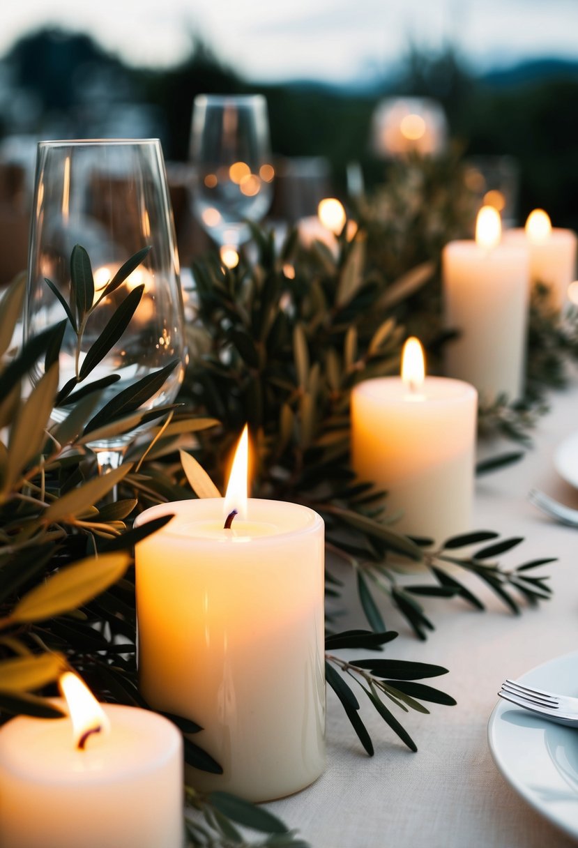 Candles flicker among olive branches on a wedding table