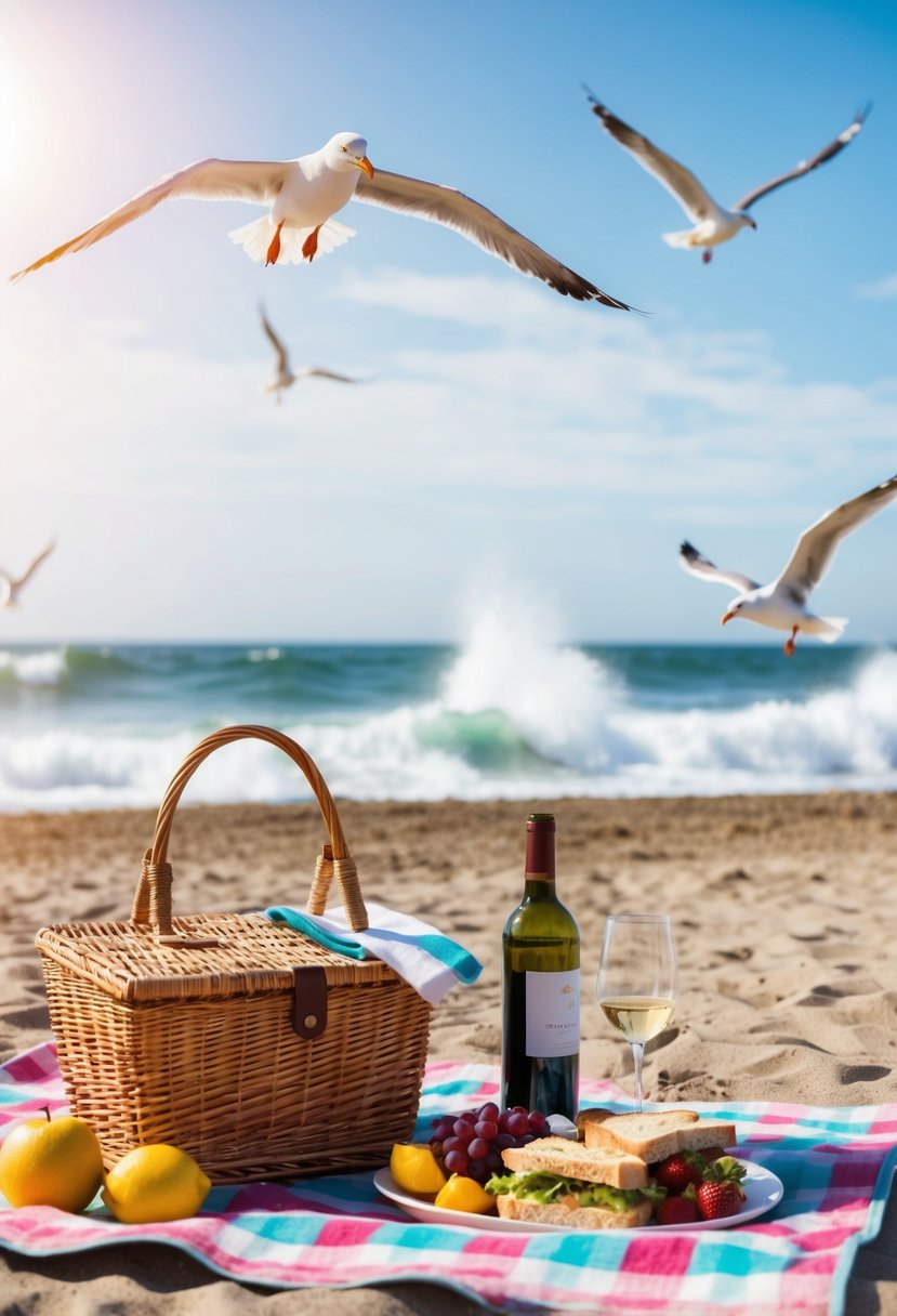 A beach picnic with a checkered blanket, wicker basket, fruit, sandwiches, and a bottle of wine. The sun is shining, seagulls flying overhead, and waves crashing in the background