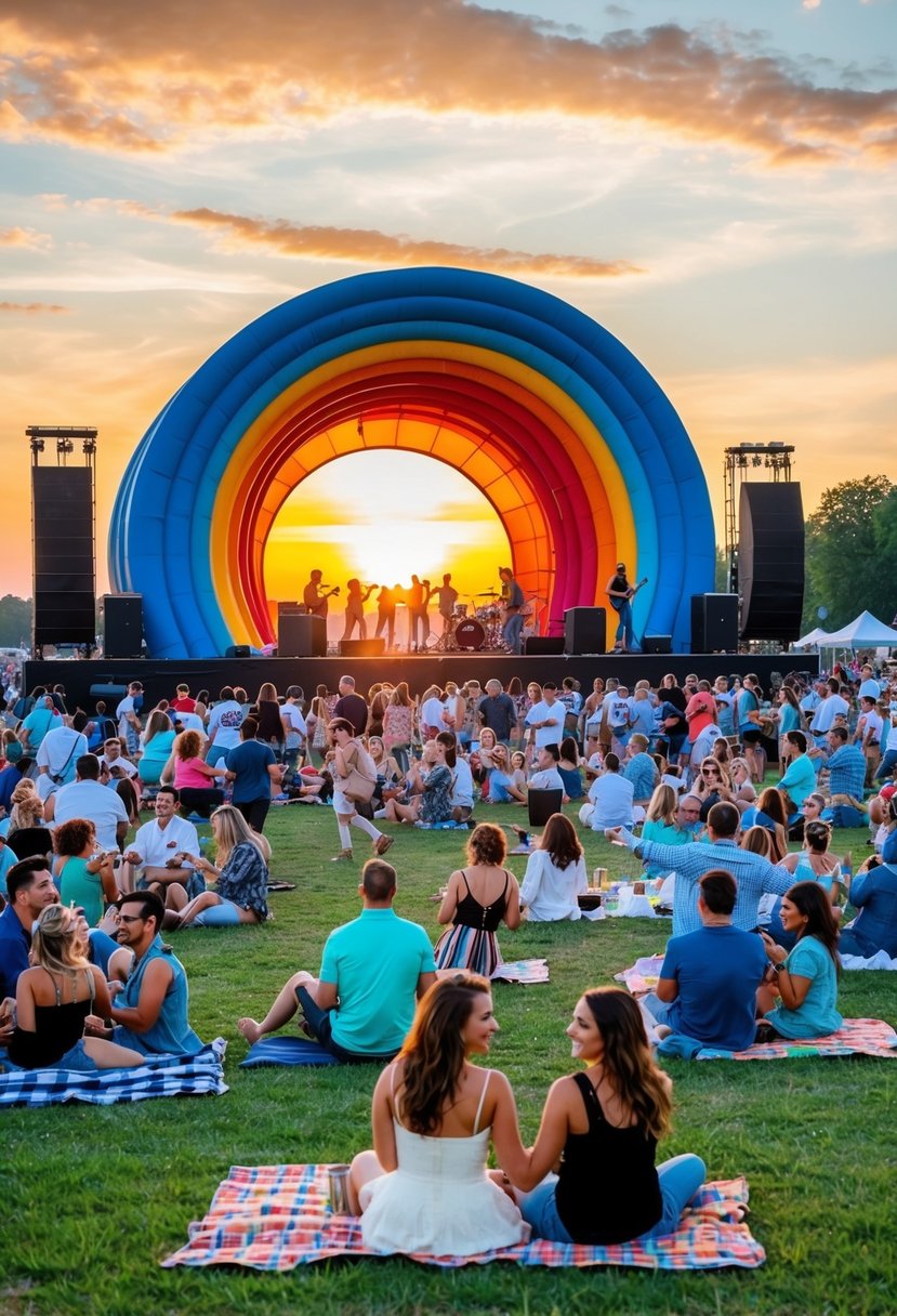 A colorful stage is set against a sunset backdrop, surrounded by a crowd of people enjoying an outdoor concert. Music fills the air as couples dance and relax on picnic blankets