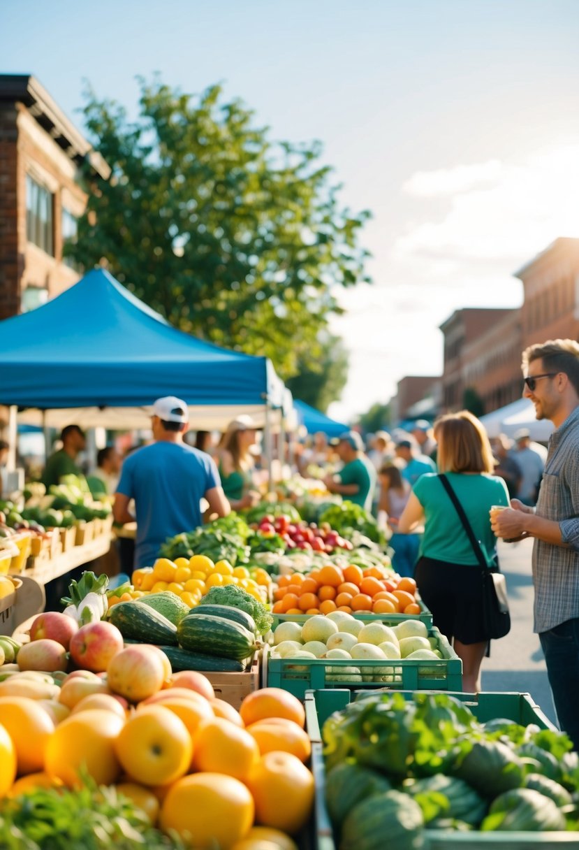 A bustling farmers' market with colorful produce, lively music, and people browsing stalls on a sunny day