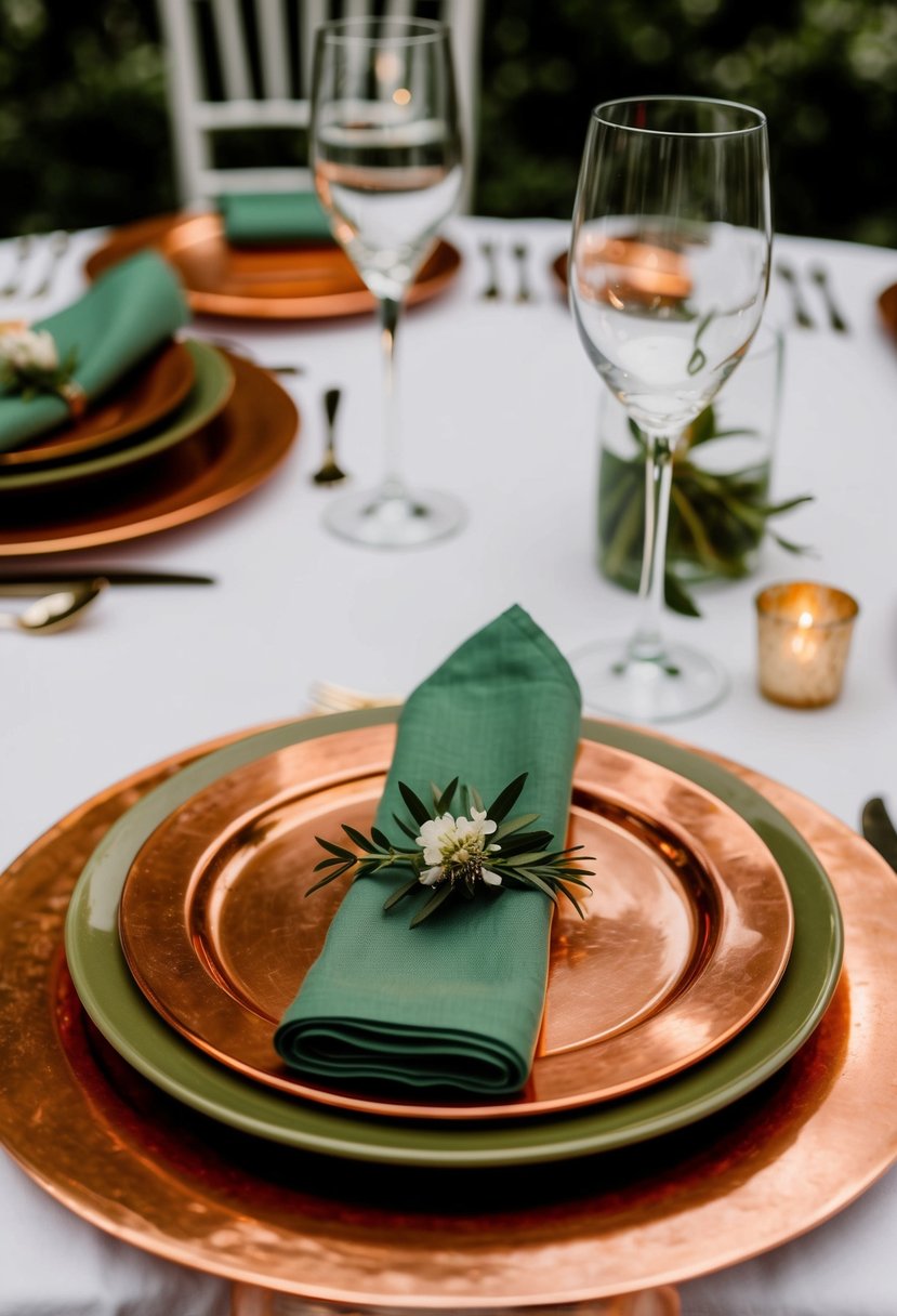 Copper chargers with olive green napkins on a wedding table