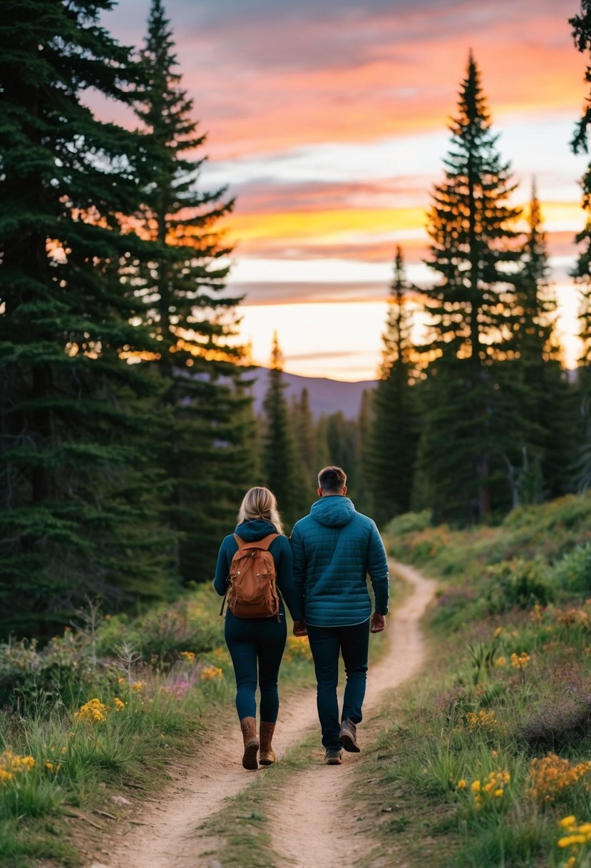 A couple hikes along a winding trail, surrounded by tall trees and a colorful sunset sky