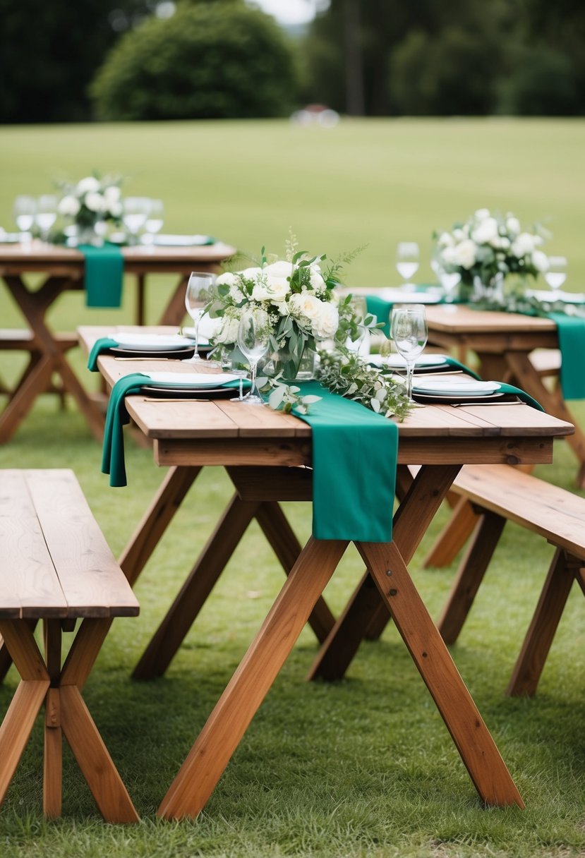 Wooden trestle tables adorned with olive green wedding decorations