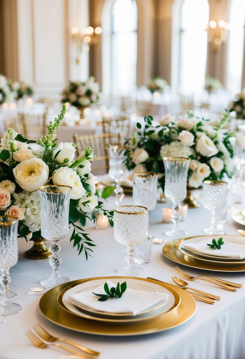 A lavish wedding table adorned with crystal vases, elegant floral arrangements, and gold-rimmed dinnerware