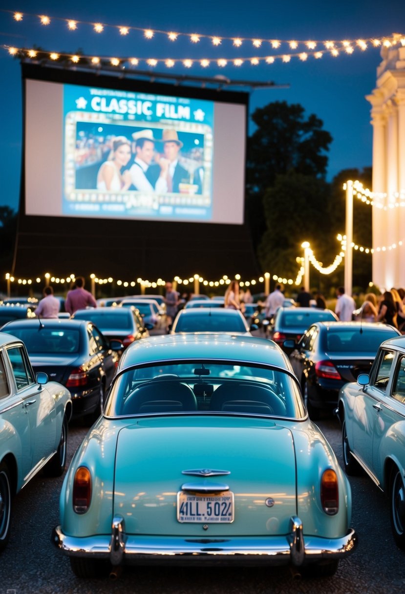 A vintage car parked under the stars, a giant screen showing a classic film, surrounded by rows of cars with couples enjoying the outdoor movie experience