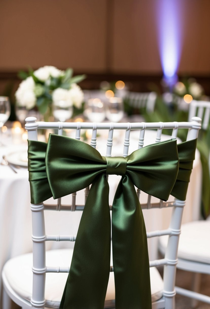 Olive green satin bow ties adorn chairs and tables at a wedding reception