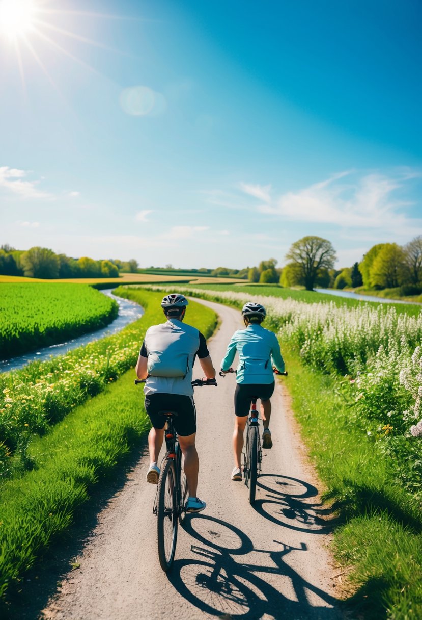 A couple bikes through a lush countryside, passing by fields of blooming flowers and a winding river under a bright, sunny sky