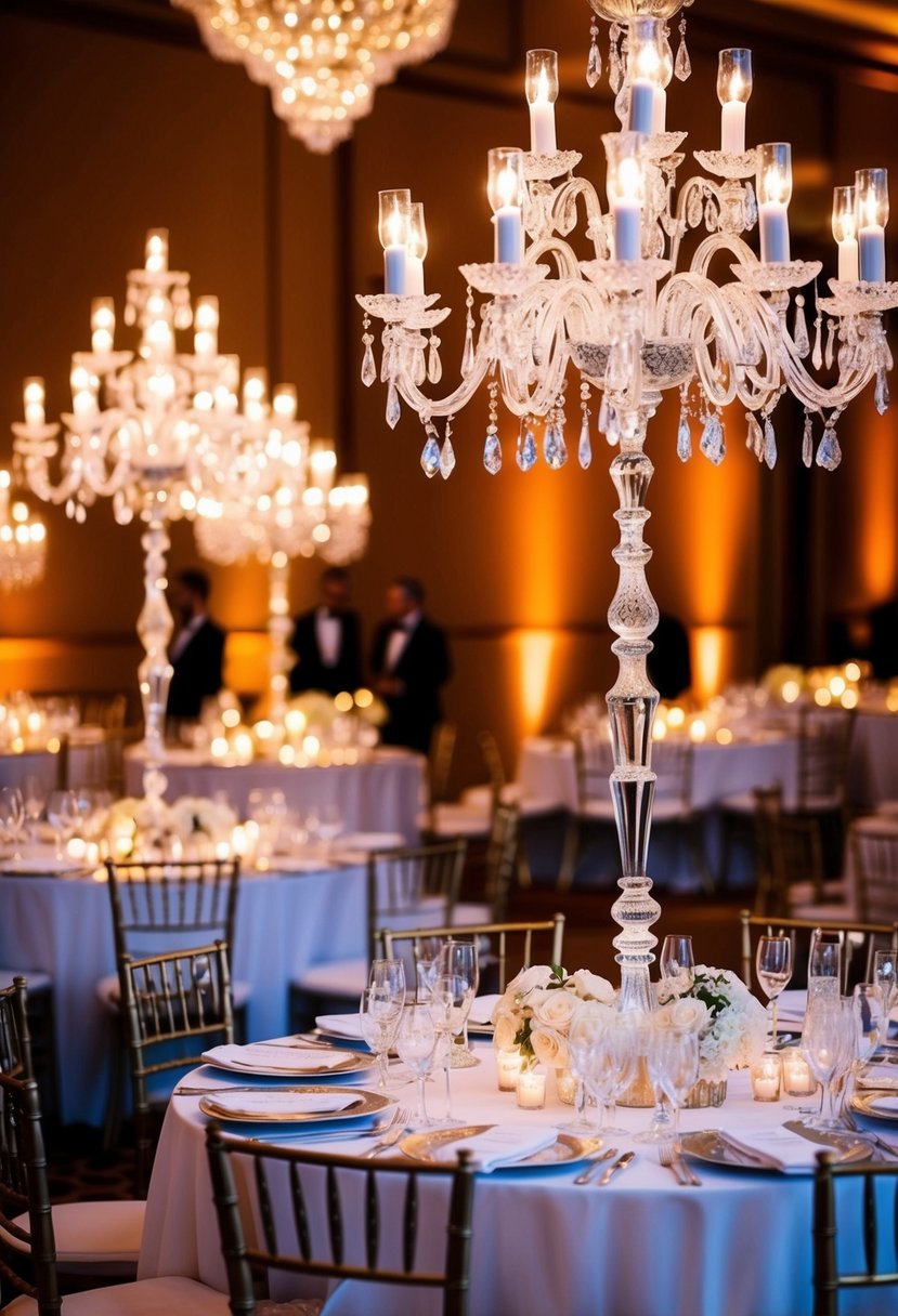 A grand table adorned with crystal candelabras, casting a warm and elegant glow over a luxurious wedding reception