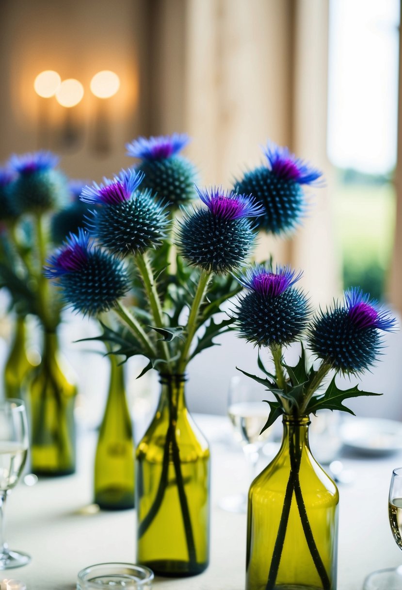 Blue thistles arranged in olive green vases on a wedding table