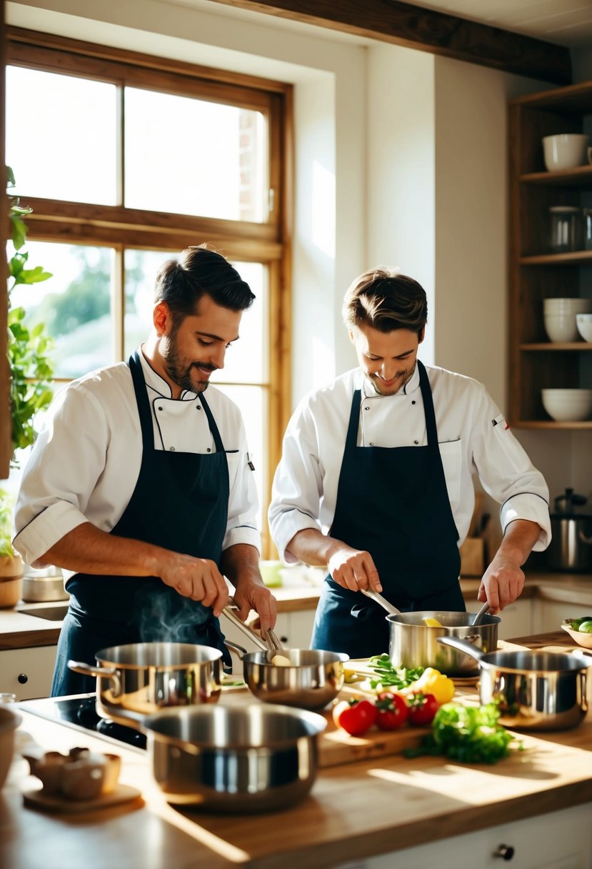 A cozy kitchen with two chefs working together, surrounded by pots, pans, and fresh ingredients. Sunlight streams in through the window, casting a warm glow over the scene