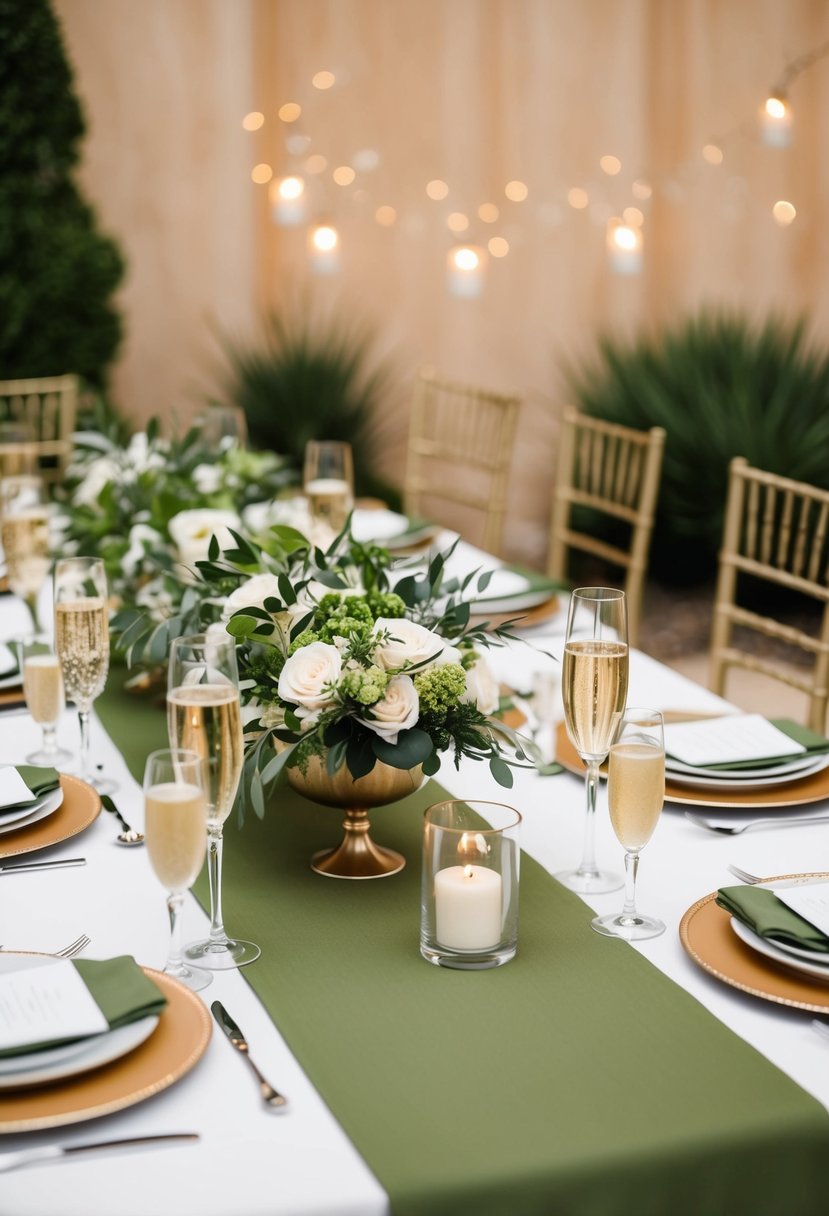 An elegant table adorned with olive green and champagne decor for a wedding celebration