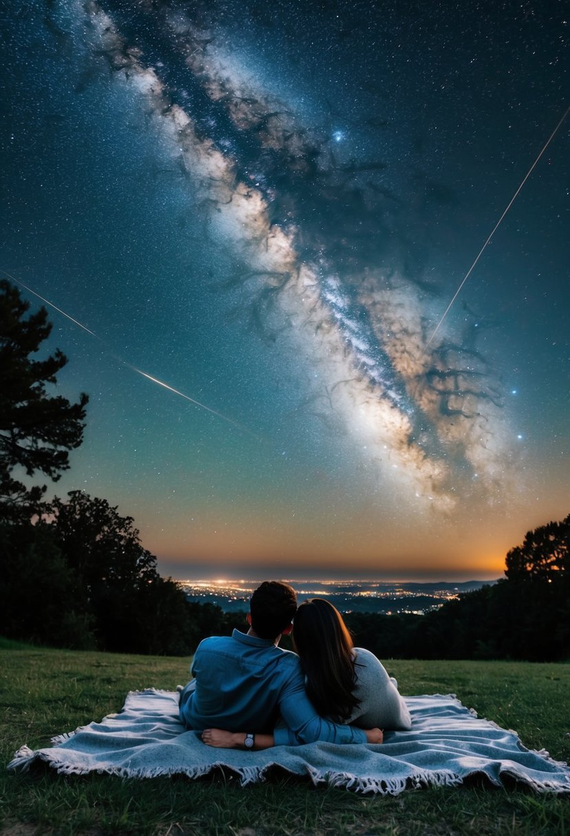 A couple lays on a blanket under a starry sky, surrounded by trees and a distant city. The Milky Way stretches across the sky, and shooting stars streak through the darkness