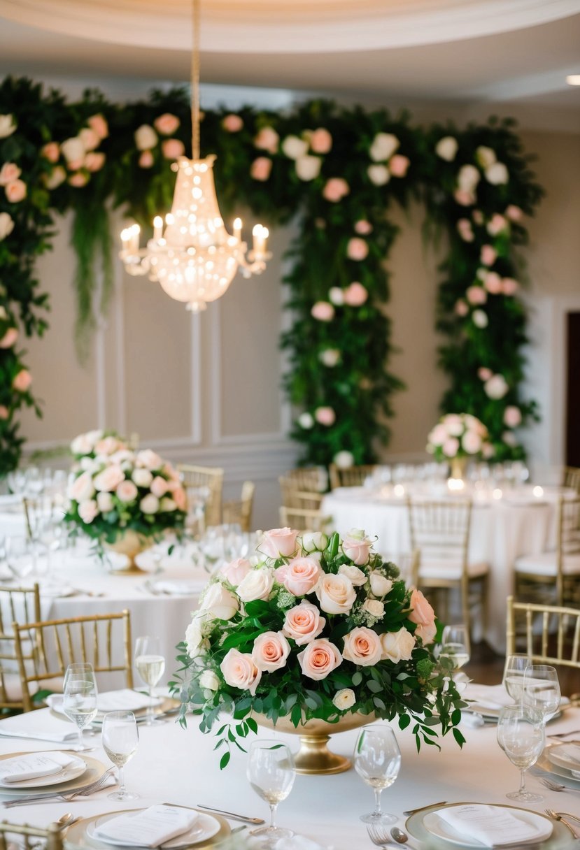 Lush rose-filled floral arrangements adorn elegant wedding tables