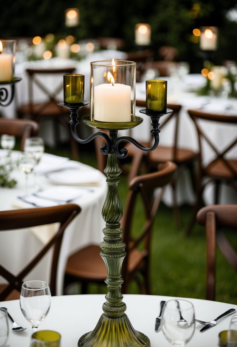 Wrought iron candle holders adorned with olive green accents on a wedding table