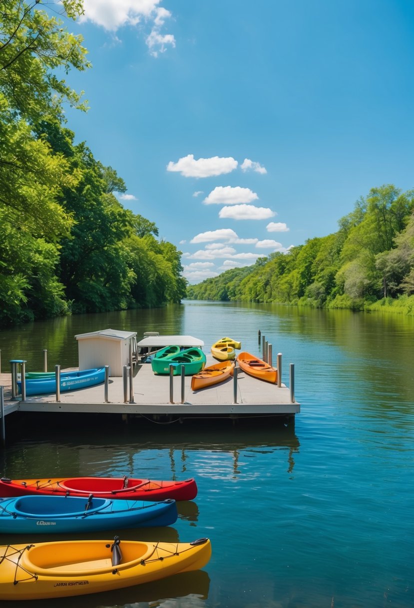 A calm river with lush greenery on the banks, a dock with kayaks and canoes available for rent, a bright sunny day with clear blue skies overhead