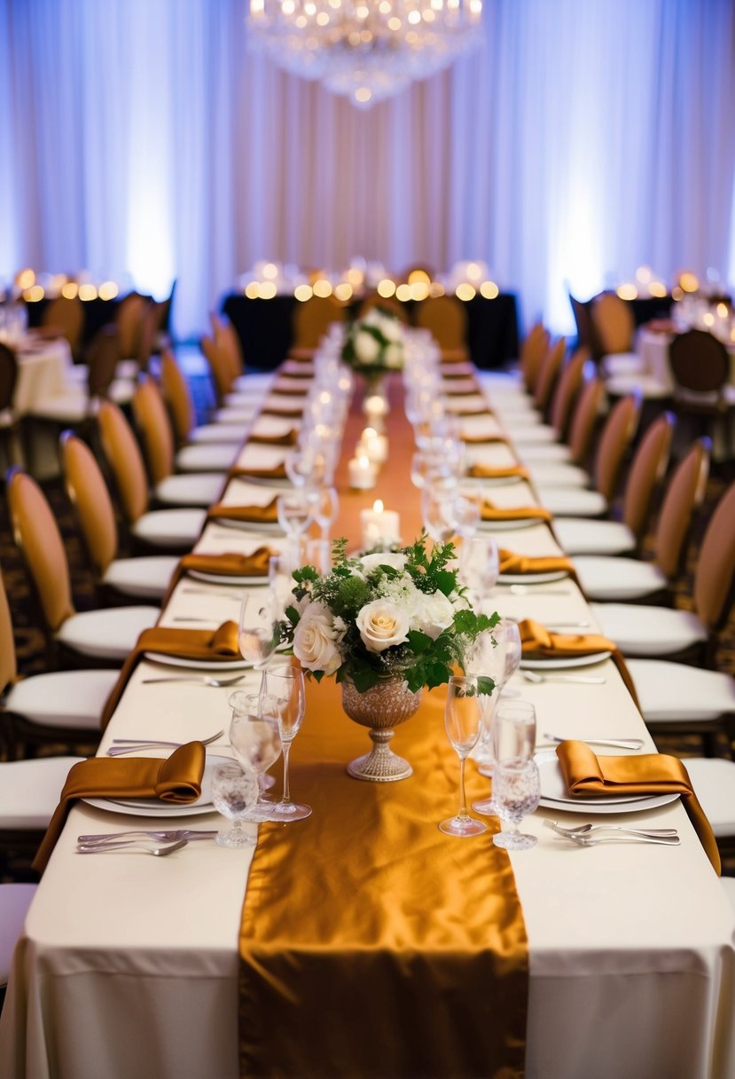 A grand table adorned with rich satin runners, adding opulence to a wedding reception