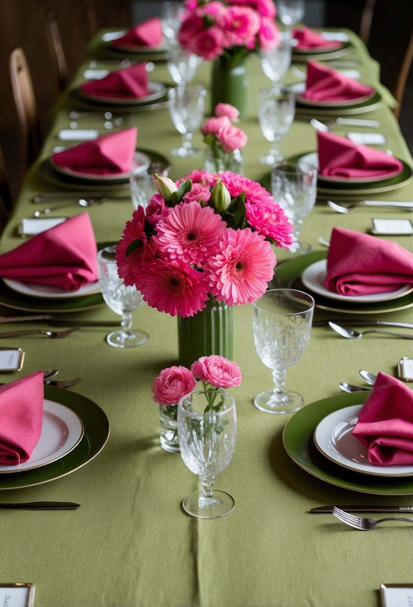 Pink flowers arranged on olive green tablecloths, surrounded by matching napkins and glassware