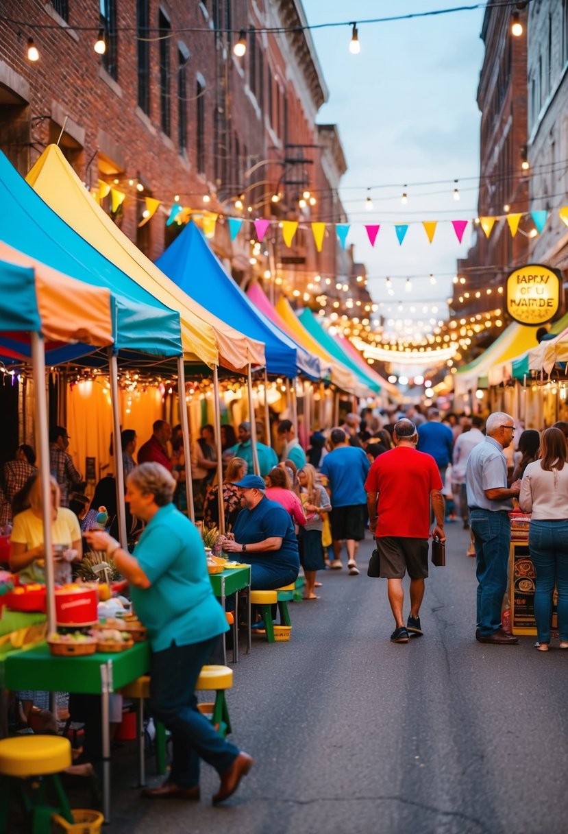 Colorful tents line a bustling street, filled with people enjoying music, food, and games. Bright lights and decorations create a festive atmosphere