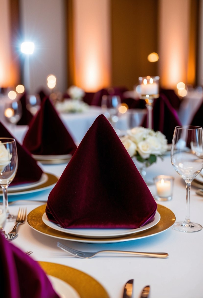 A table set with rich velvet napkins, adding luxurious texture to a wedding reception