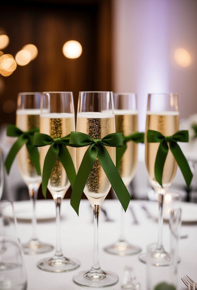 Champagne glasses adorned with olive green ribbons on a wedding reception table