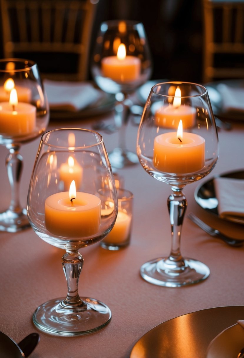 Glass vases hold floating candles, casting a warm glow on a luxe wedding table