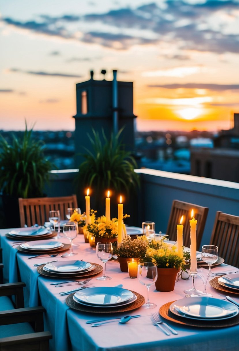 A candlelit table set with elegant dinnerware and surrounded by potted plants on a rooftop terrace at sunset