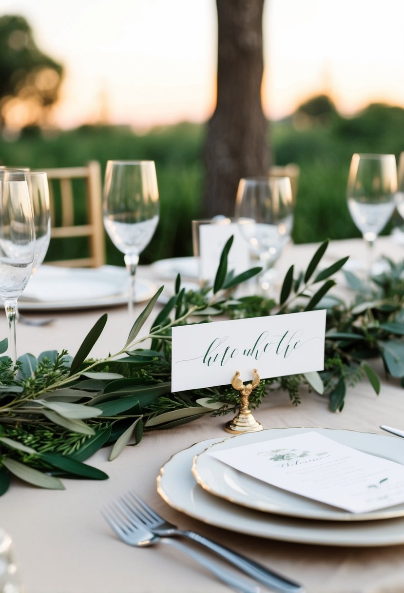 An elegant table setting with olive branch place card holders and greenery as wedding table decorations