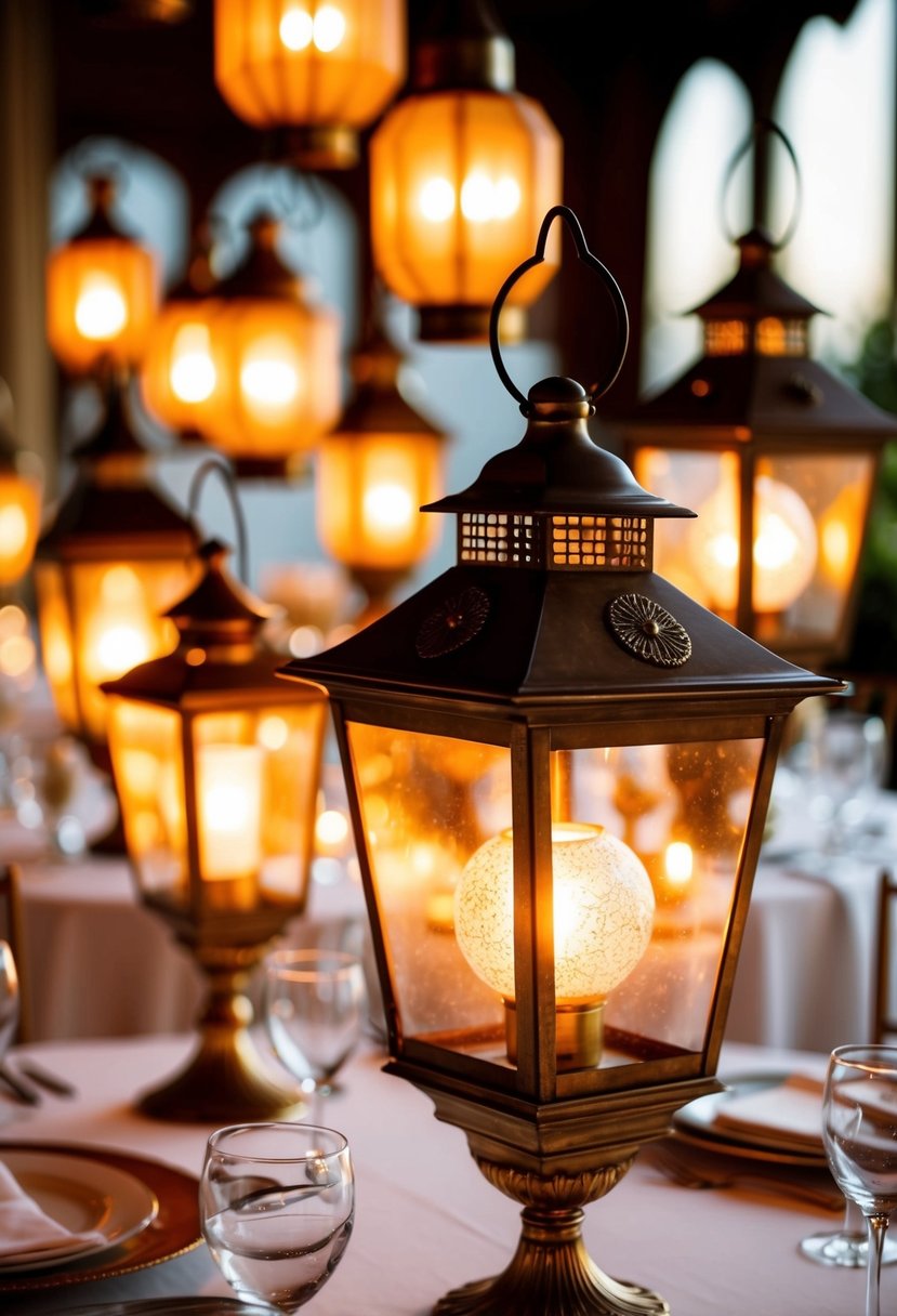 Vintage lanterns casting warm light on an elegant wedding table set with luxurious decor