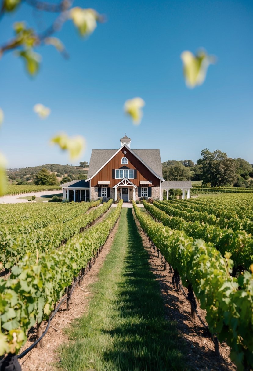 A sunny vineyard with rows of grapevines, a quaint winery building, and a clear blue sky