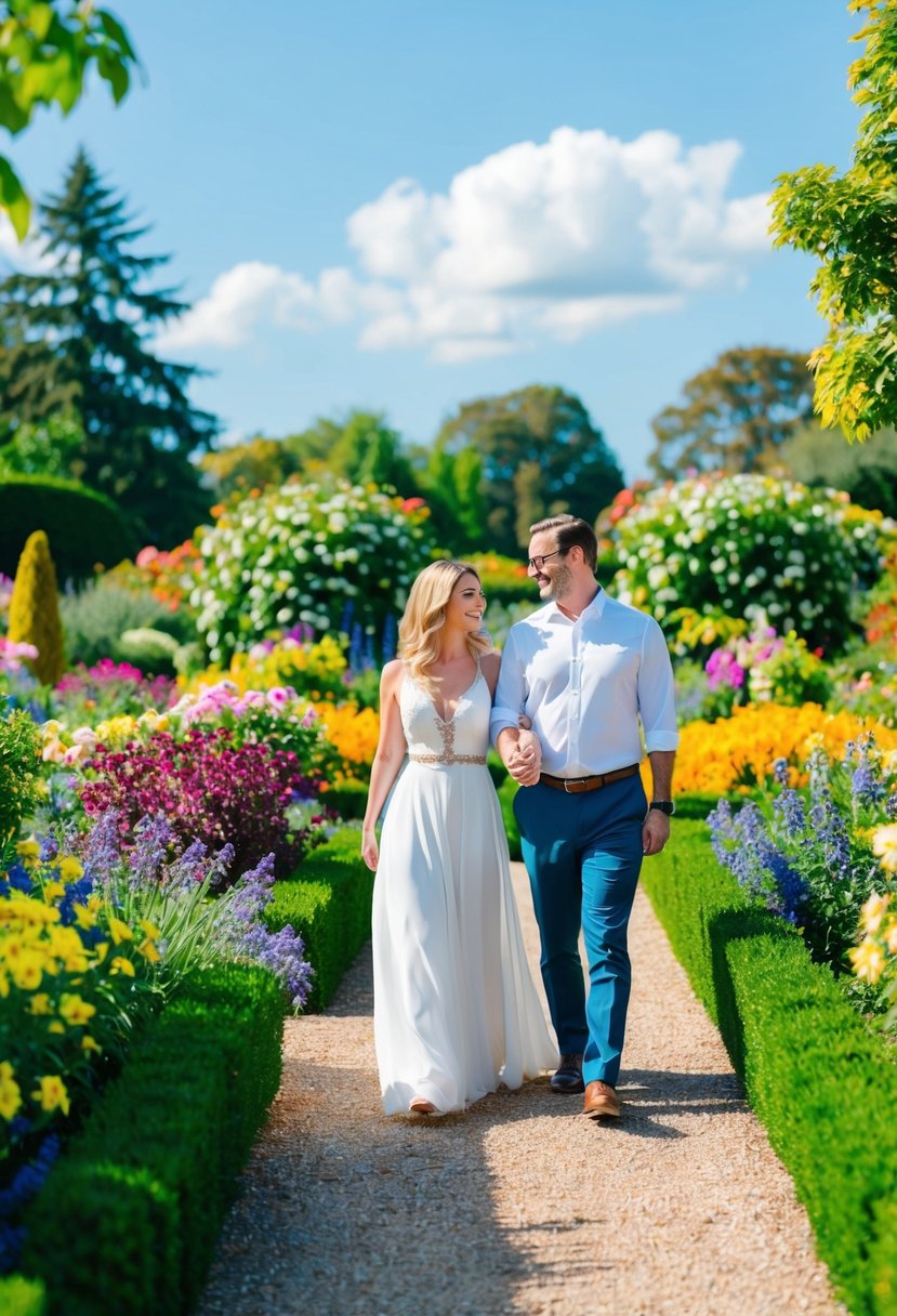 A couple strolls through lush, colorful gardens, surrounded by blooming flowers and vibrant greenery under a bright, sunny sky