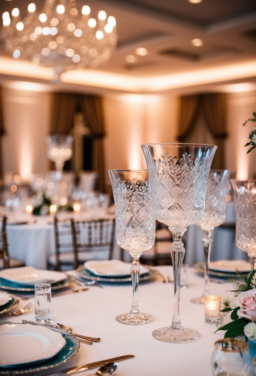 Ornate glassware with intricate patterns arranged on a lavish wedding reception table