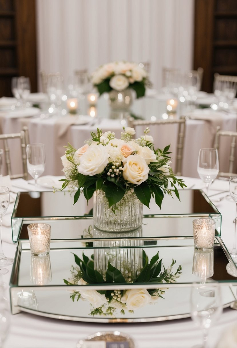 Glistening mirrored table tops adorned with elegant wedding decor