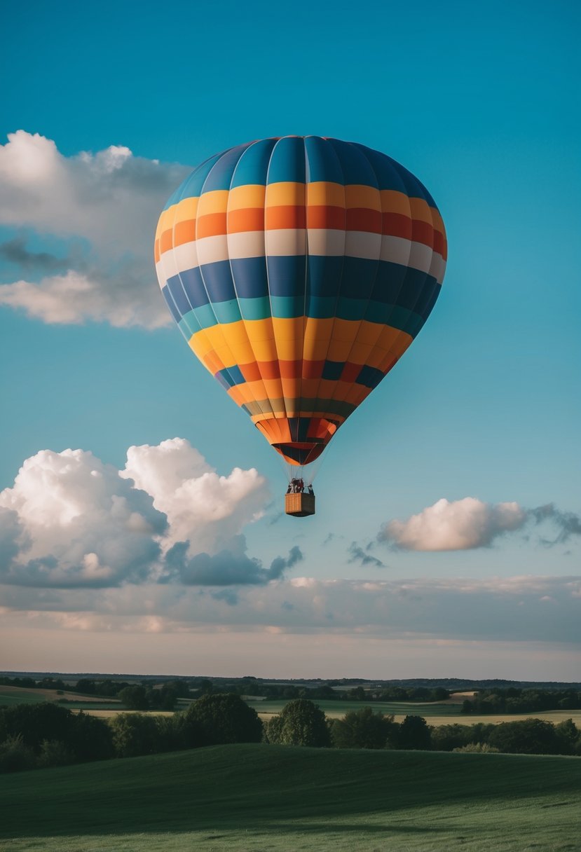 A colorful hot air balloon floats above a green landscape, with a clear blue sky and fluffy white clouds in the background