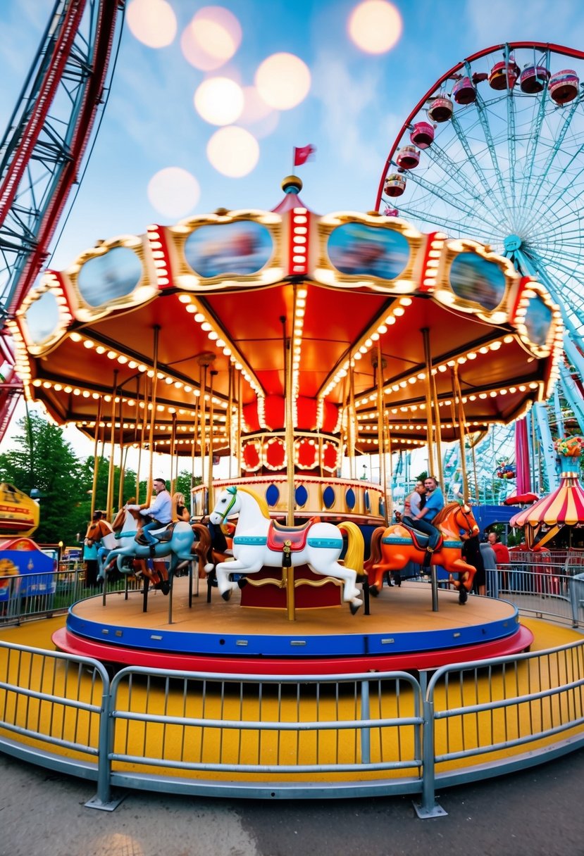 Colorful carousel with spinning horses, bright lights, and joyful music. Families and couples enjoying rides and games, surrounded by towering roller coasters and ferris wheel