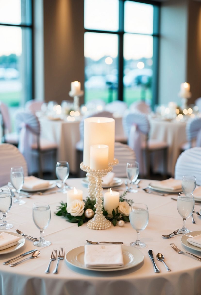 A table set with white linens, adorned with pearl-accented candle holders, napkin rings, and place card holders, creating a subtle and luxurious ambiance for a wedding reception