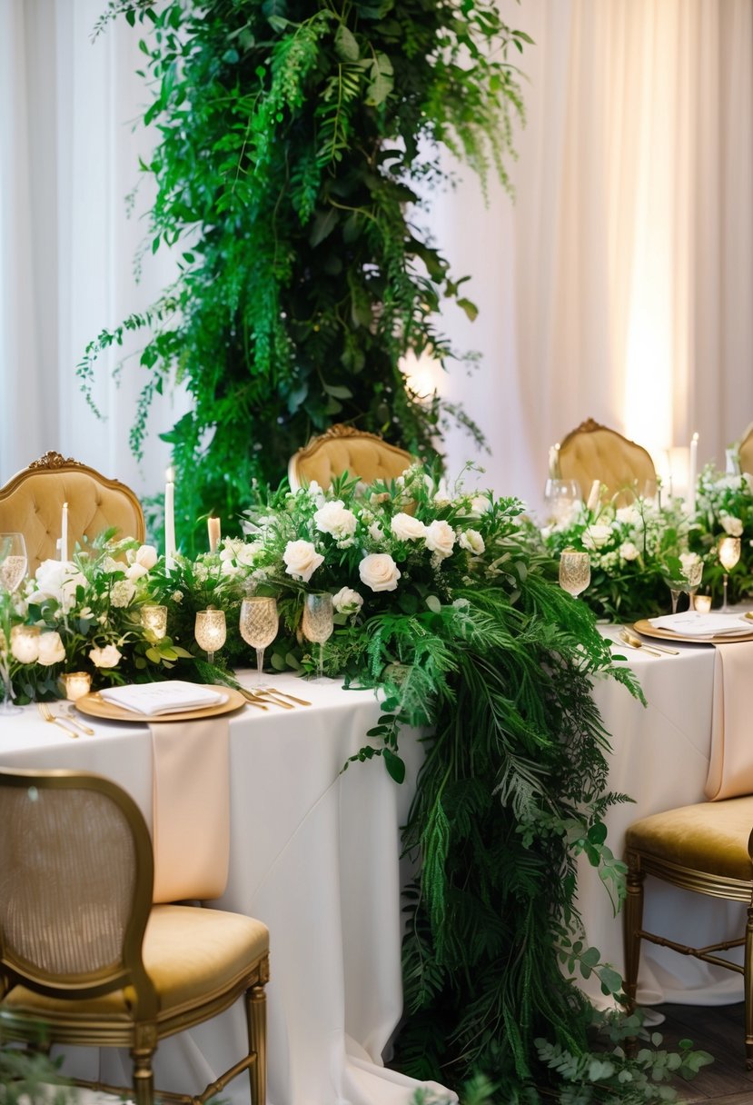 Lush greenery cascades over a lavish wedding table, creating a luxe and elegant centerpiece