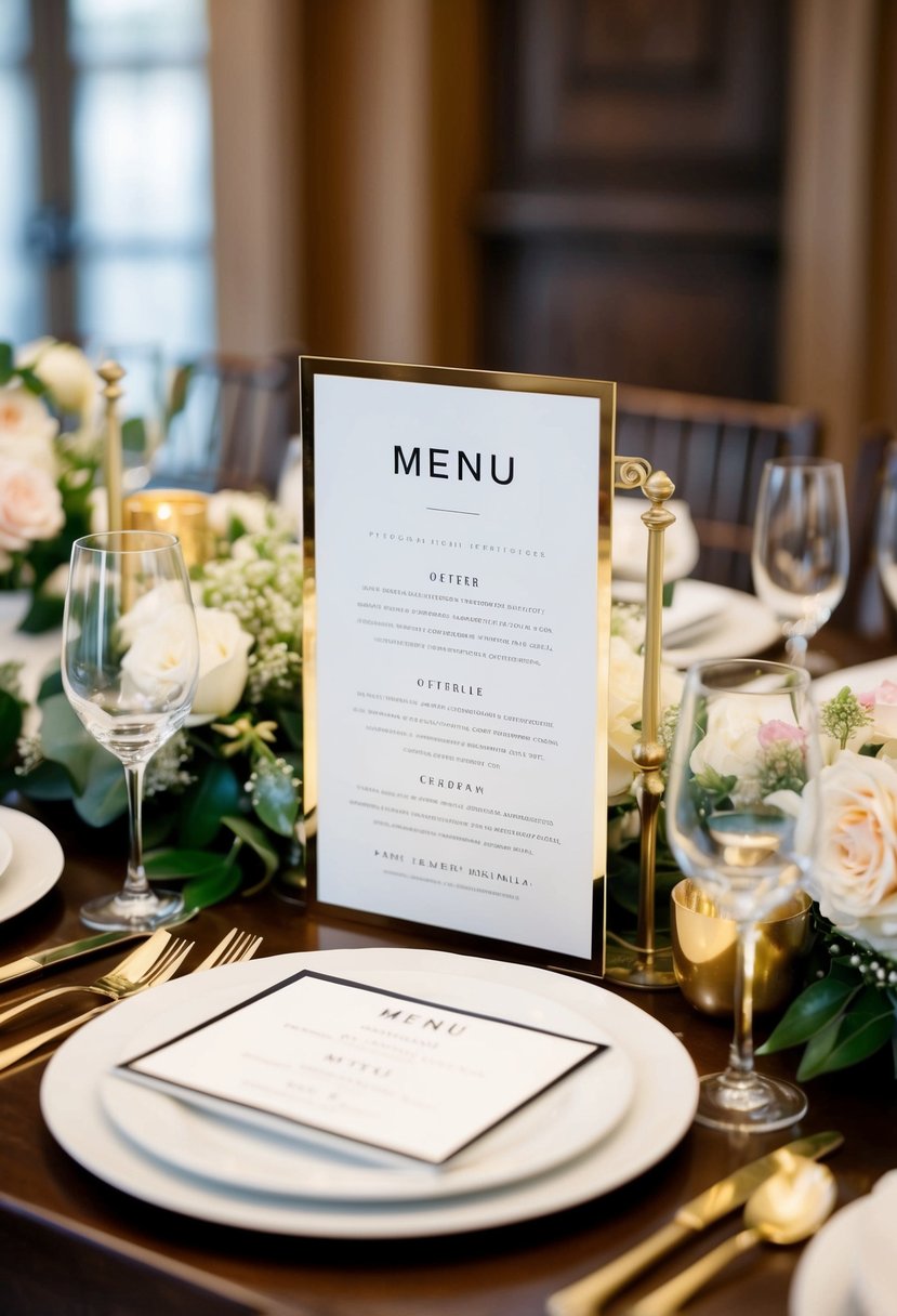 Elegant menu cards arranged on a table with floral centerpieces and gold accents