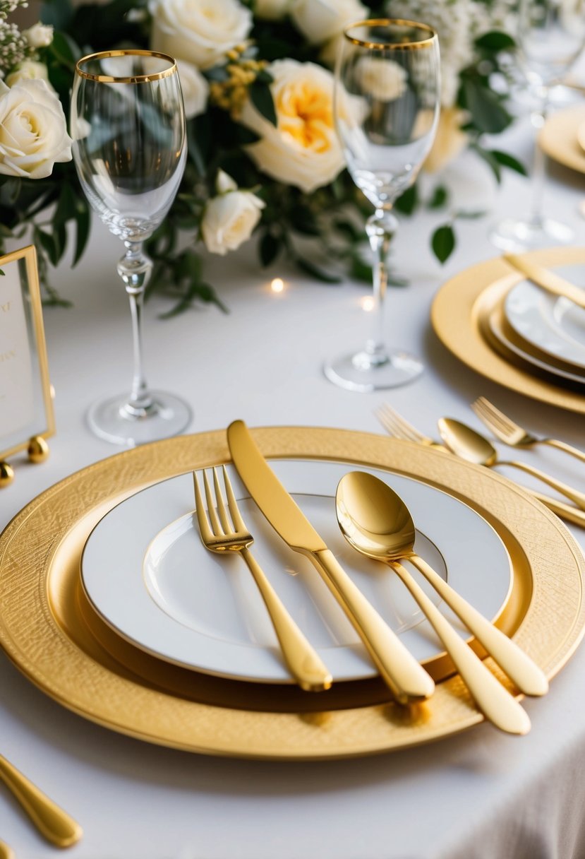 A golden flatware set arranged on a luxurious wedding table, with elegant decorations and fine dining settings