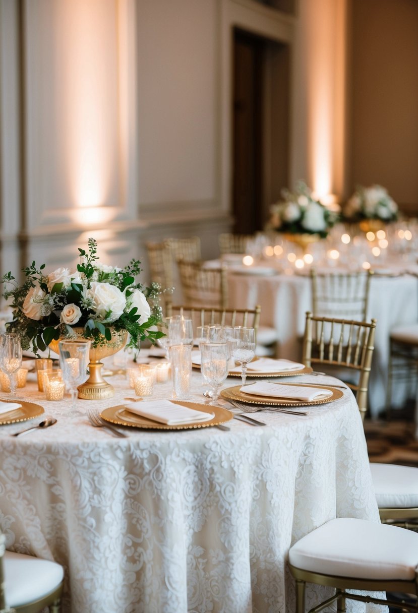 A table set with elegant lace linens and ornate decorations for a luxurious wedding reception