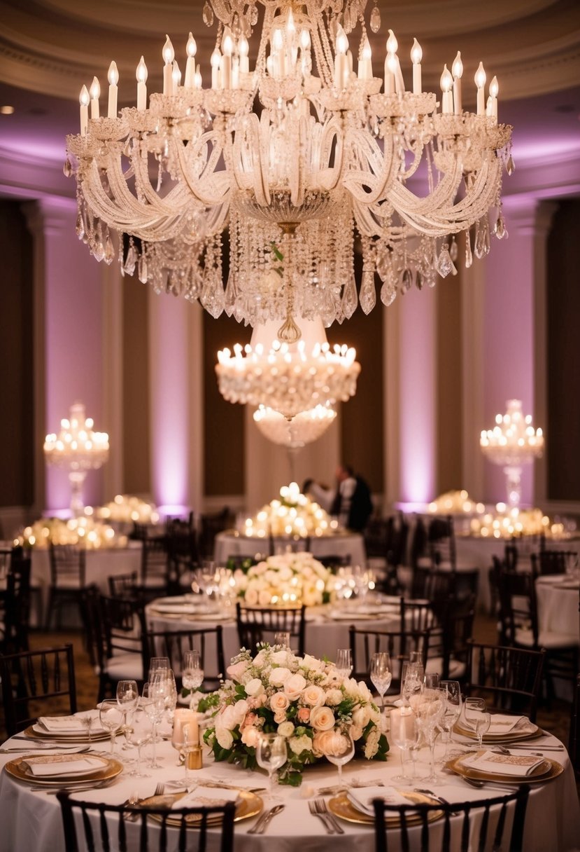 A grand chandelier hangs above a lavish wedding table, casting a warm, romantic glow on the opulent centerpieces