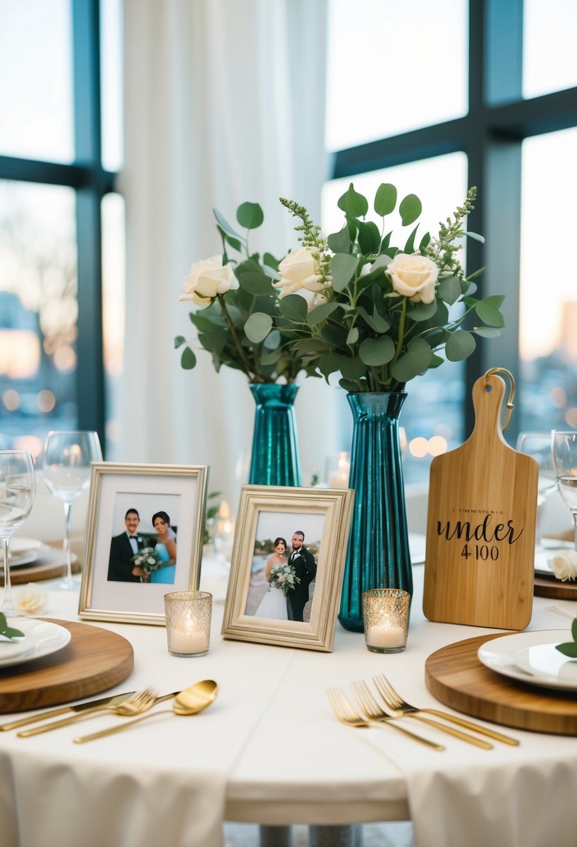 A table adorned with elegant, affordable wedding gifts, including photo frames, decorative vases, and personalized cutting boards, all under $100