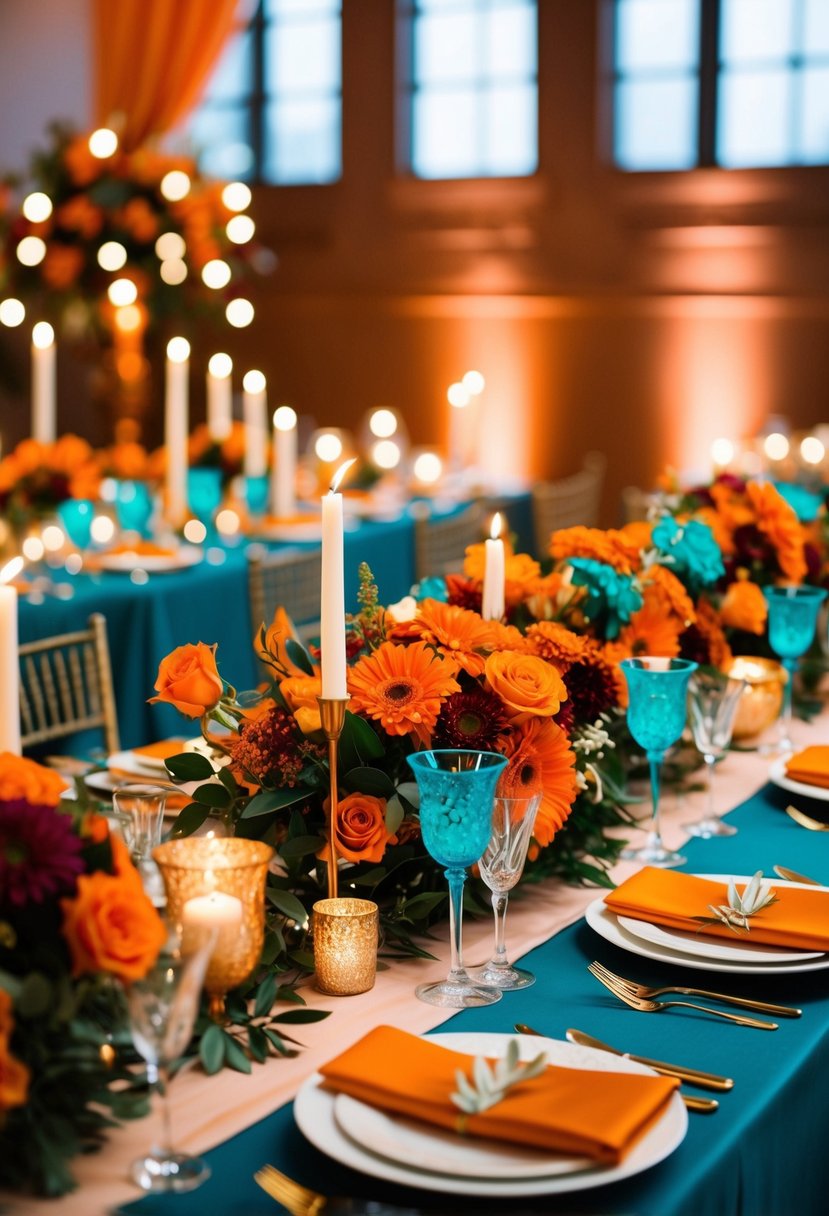 A burnt orange and teal wedding scene with vibrant floral arrangements, elegant table settings, and romantic lighting