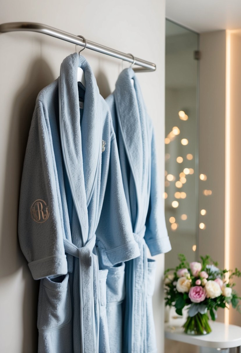 Two monogrammed bathrobes hanging on a sleek, modern bathroom rack, with soft lighting and a bouquet of flowers nearby