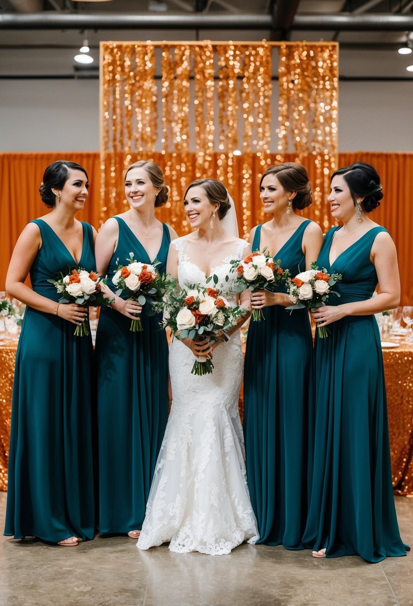 Bridesmaids in dark teal dresses stand against a backdrop of burnt orange decor at a wedding reception