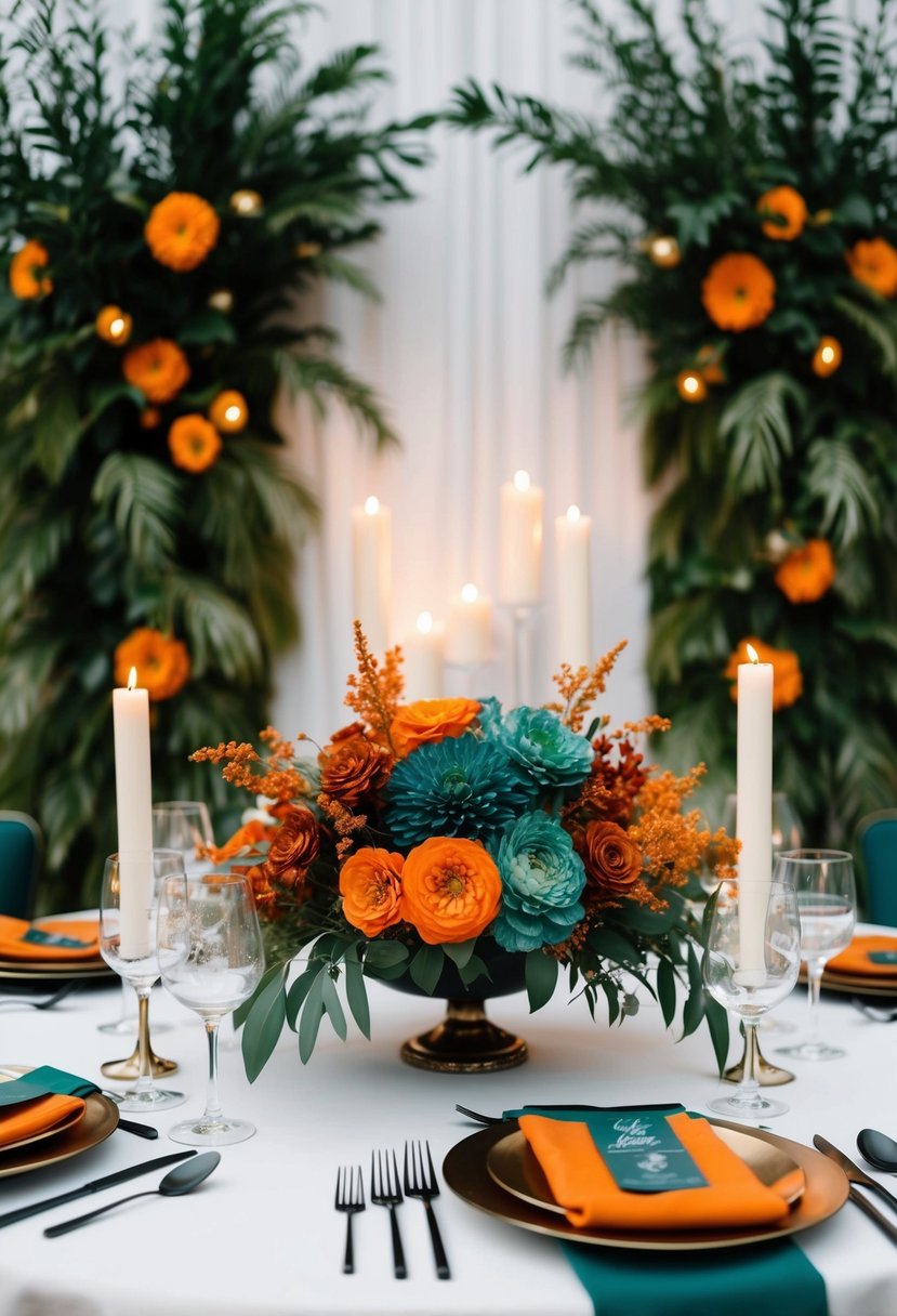 A table adorned with burnt orange and teal floral arrangements, set against a backdrop of lush greenery and soft candlelight