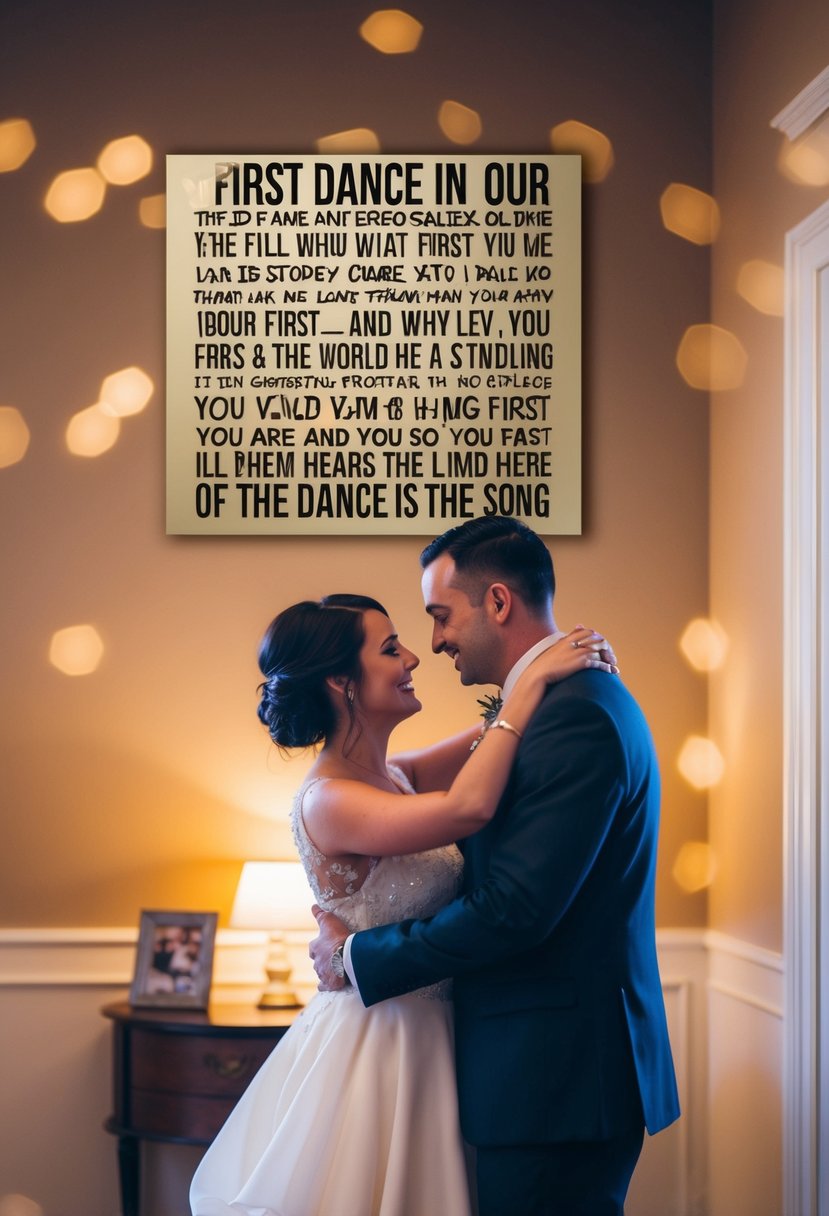 A couple dancing in a warm, dimly lit room, surrounded by a personalized wall art featuring the lyrics of their first dance song