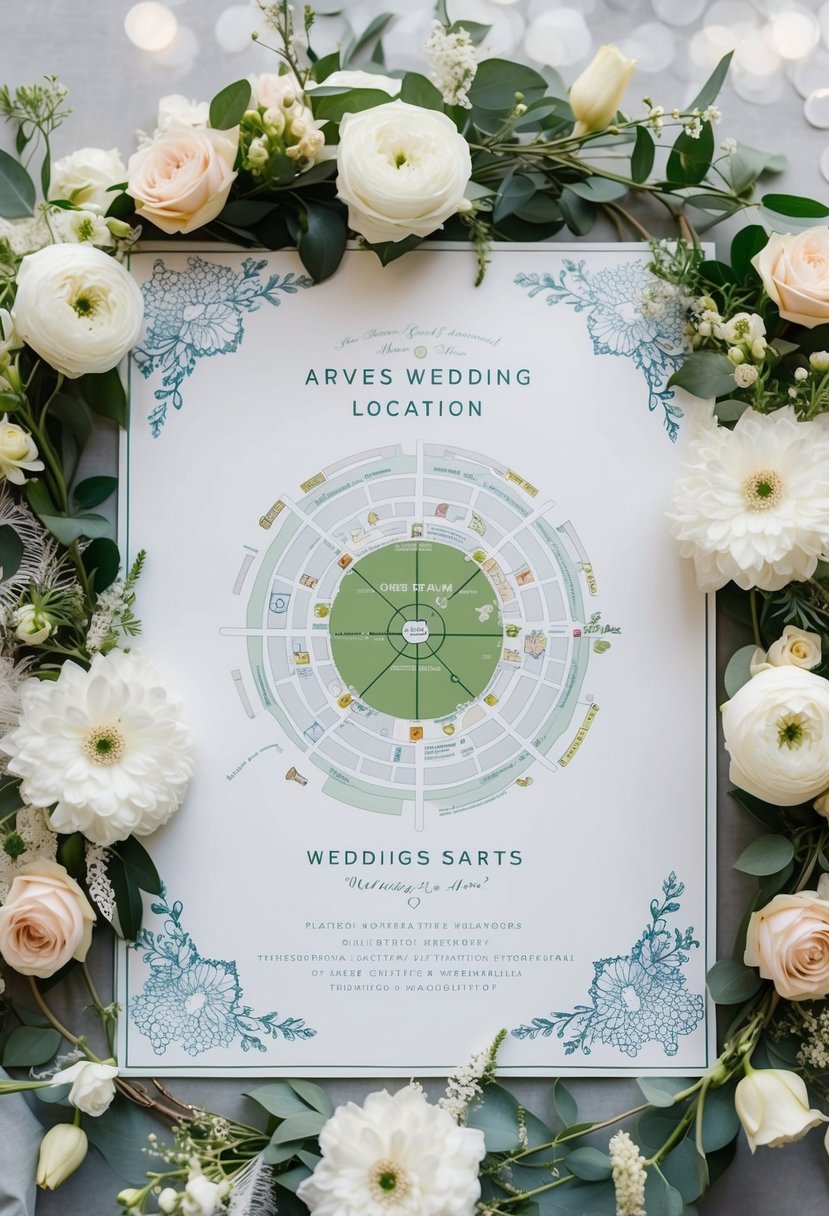 A detailed map of the wedding location surrounded by elegant floral arrangements and delicate lace accents